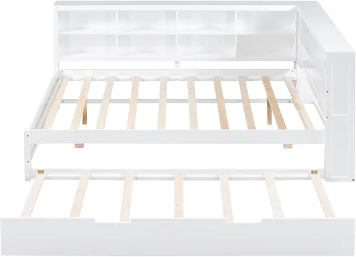 Vista 26 de Quarte Elegante cama de plataforma con estanterías en forma de L, cama de plataforma de madera tamaño individual con 2 cajones de almacenamiento