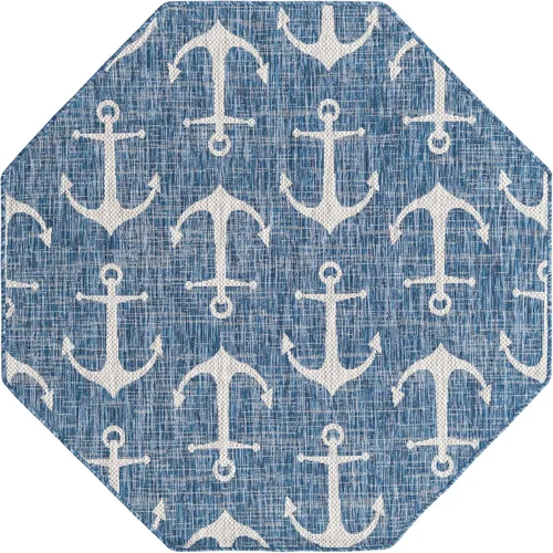 Vista 3 de Unique Loom - Alfombra octagonal de la colección Outdoor Coastal, estilo Ahoy (5 pies 3 pulgadas, azul/marfil)