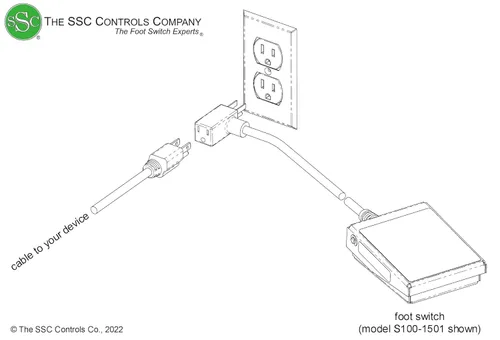 Vista 3 de SSC Controls S100-1501 interruptor de pie, acción momentánea eléctrica, fabricado en EE.UU., cable de 8 pies con enchufe Piggyback, pedal Billy