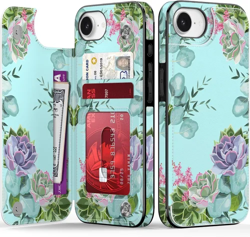 Vista 318 de LETO para iPhone 15 Pro Funda tipo cartera - Tapa tipo folio con patada - Diseños de moda - Tarjetero - Funda protectora para mujeres y niñas - 6.1