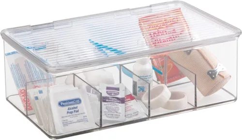 mDesign Caja de almacenamiento de plástico para botiquín de primeros auxilios con tapa superior transparente para baño, cocina, armario, cajón,