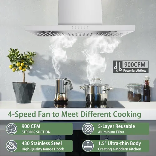 Vista 2 de ONEEON 30" Range Hood - 900 CFM Stainless Steel Wall Mount Kitchen Exhaust with 4 Speed Fan, LED Lights, Push Button, Ultra-thin Body, Chimney