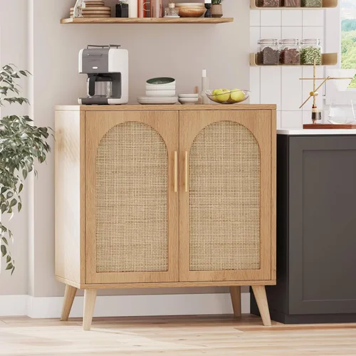 Vista 4 de Rovaurx Gabinete de almacenamiento de ratán con puertas, gabinete de piso de baño de acento moderno, aparador buffet para sala de estar, entrada