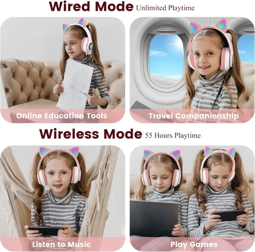 Vista 6 de Auriculares para niños para la escuela, auriculares inalámbricos Bluetooth con micrófono, auriculares de oreja de gato para niñas y niños