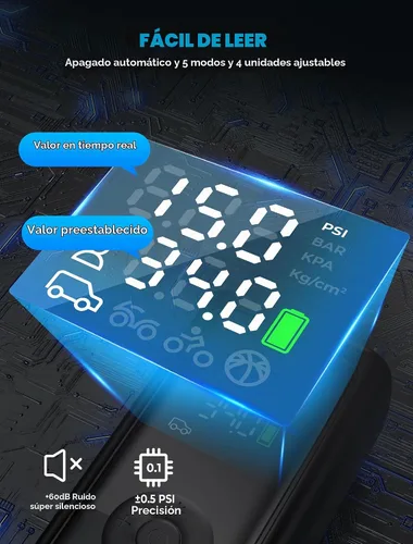 Vista 4 de Inflador de neumáticos, compresor de aire portátil, inflador de neumáticos inalámbrico de 150 PSI, apagado automático y luz LED