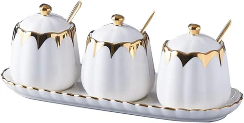 Vista 11 de Tazón de azúcar negro con tapa y cuchara, botes de condimentos de cerámica con bandeja, tarros de azúcar y sal, juego de 3 recipientes