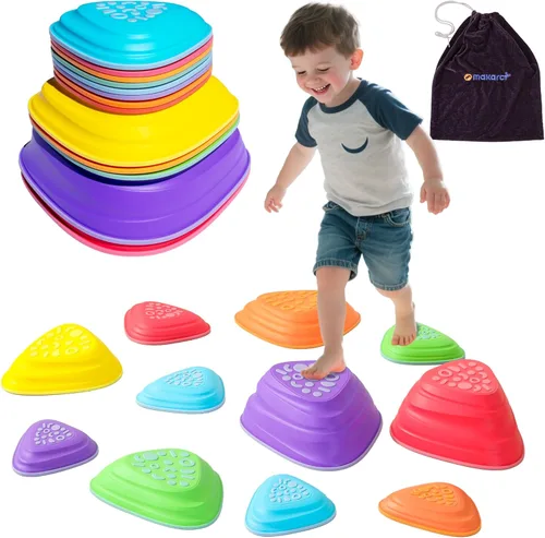 Vista 8 de Makarci - Piedras de equilibrio para niños, 12 piezas para cursos de obstáculos, juego de interior y exterior, con borde de goma completa y cima