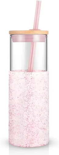 Vista 2 de Tronco - Vaso de vidrio de 24 onzas, con pajita de silicona y tapa de bambú, libre de bisfenol A