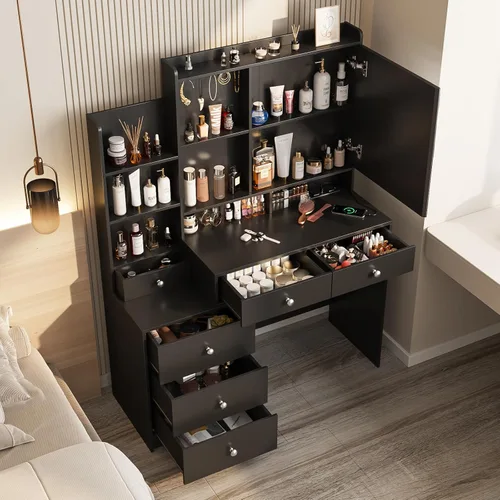 Vista 2 de Vabches Escritorio de tocador con espejo y luces, tocador de maquillaje con 6 cajones y estantes, tocador con toma de corriente, escritorio