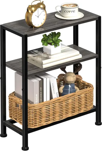 Vista 15 de Mesa auxiliar estrecha para espacios pequeños, mesa auxiliar pequeña de 2 niveles con soporte para estantes, mesita de noche delgada, mesa de sofá