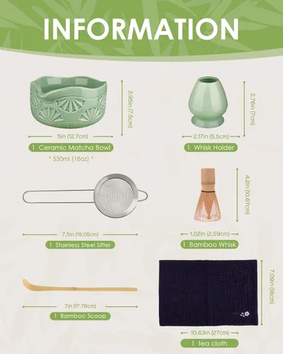 Vista 6 de Juego de batidor de matcha, juego de matcha de cerámica incluye cuenco de matcha con boquilla, batidor de matcha y soporte, cuchara de bambú, tamiz