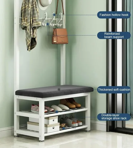 Vista 8 de Perforación para ropa, Perchero, Perchero, Zapatero, Entrada, Almacenamiento, Diseño 4 en 1, Con Ganchos Colgantes, Muebles de acento industrial