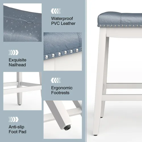 Vista 9 de COSTWAY Bar Stools Set of 2, 24-Inch Height Backless Counter Stool with Footrest, Soft Seat Cushion, Wood Legs and Non-Slip Foot Pad, Saddle Stools