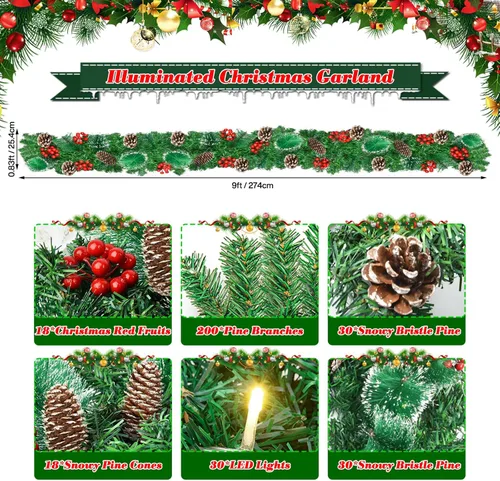 Vista 4 de Guirnalda de Navidad con luces: guirnalda iluminada de 9 pies con conos de pino bayas rojas, decoración navideña interior y exterior para chimenea