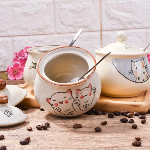 Vista 4 de Azucarero de cerámica con tapa y cuchara, azucarero japonés con cuchara y tapa (estilo 2)