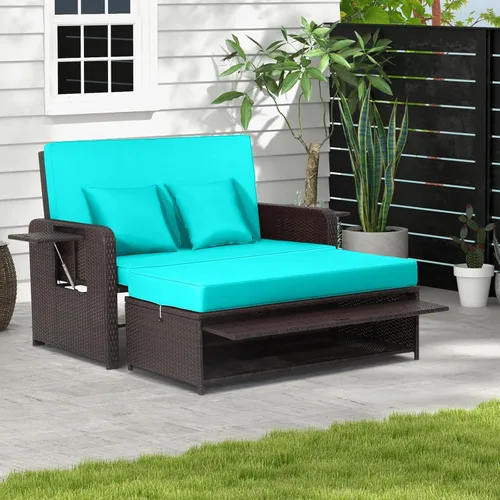 Vista 17 de LDAILY Moccha - Sofá cama para exteriores, sofá biplaza de mimbre con respaldo ajustable de 4 posiciones, otomana de almacenamiento, cojines, Beige