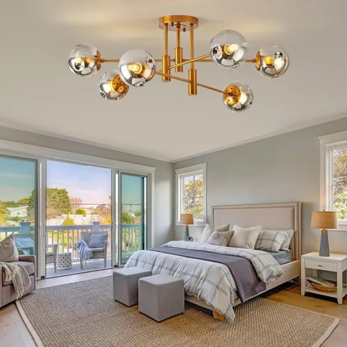 Vista 8 de DDLLDESHI Lámpara de araña de 6 luces dorada con cubierta esférica de vidrio Sputnik, lámpara de techo de 34" de gran tamaño para comedor, lámparas