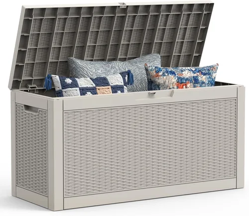 Vista 21 de Mars Villa Caja de almacenamiento para exteriores de 31 galones, contenedor de almacenamiento de resina impermeable, resistente a la intemperie y a