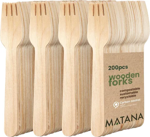 Vista 10 de MATANA Juego de 200 cubiertos de madera desechables 100% naturales (50 tenedores, 50 cuchillos, 50 cucharas, 50 cucharas de postre) cubiertos