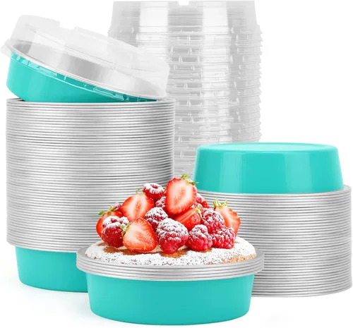 Vista 40 de Beasea Paquete de 20 Moldes para Cheesecake con Tapas, 8 Oz, 4 Pulgadas Moldes Redondos de Papel de Aluminio para Tartas, Contenedor para Muffins