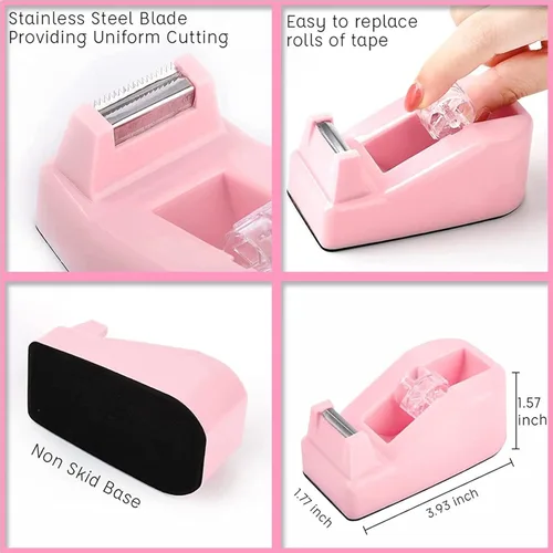 Vista 3 de Kit de suministros de oficina rosa para escritorio de mujer, grapadora rosa, dispensador de cinta y cinta, removedor de grapas, perforador de un