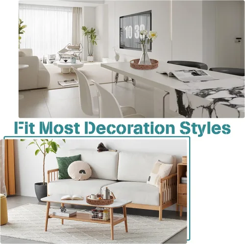 Vista 5 de Bandeja de mesa auxiliar, paquete de 2 cestas tejidas de ratán multifuncional, bandeja redonda para servir con asas, bandejas decorativas