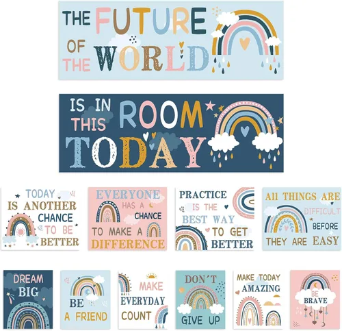 Faccito Juego de 12 carteles para el aula, juego de decoración motivacional para tablón de anuncios, decoración de pared para el aula del profesor,