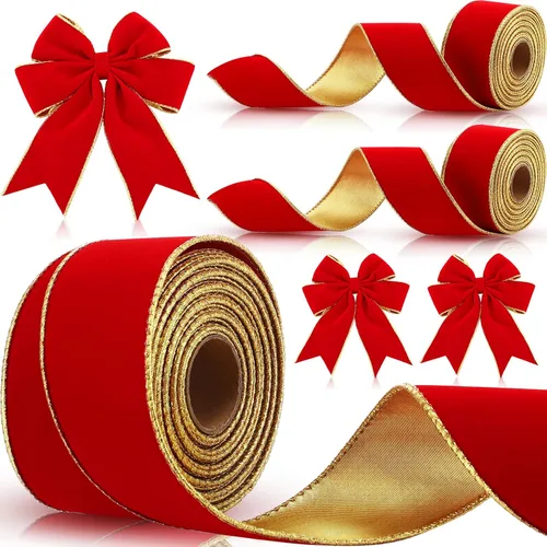 Vista 9 de Yungyan 3 rollos de cinta de terciopelo de Navidad de 30 yardas con borde dorado de 2.5 pulgadas de ancho, con alambre, cinta decorativa de tela