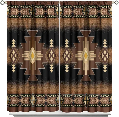 Vista 195 de Cortinas con patrón geométrico tribal, estilo suroeste, azteca, rústico, occidental, nativo americano, opacas, con bolsillo para barra, decoración