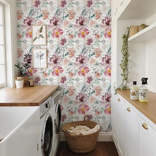 Vista 5 de JiffDiff Papel pintado floral para despegar y pegar, papel de pared de peonía rosa, papel de pared autoadhesivo para guardería, acuarela, mural