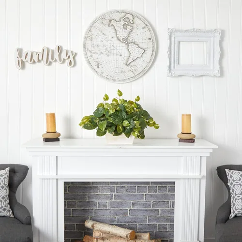 Vista 2 de Nearly Natural 6713 Pothos - Maceta decorativa de seda con lavado blanco, verde, 20.5 x 12 x 6 pulgadas