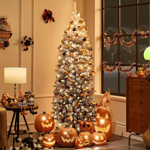 Vista 3 de Yaheetech Árbol de Navidad de Abeto Tipo Lápiz Preiluminado con Nieve Artificial de 6 pies con Bisagras, Árbol de Navidad Delgado para Esquina