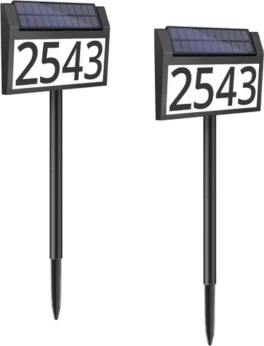 Vista 10 de MAXvolador Letrero de dirección solar iluminado, números de casa impermeables, placas de dirección iluminadas con luces LED solares con estacas, 3