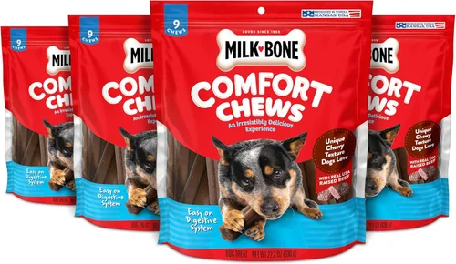 Vista 11 de Milk-Bone Mini Comfort Chews, golosinas sin piel para perros con textura masticable única y carne de vacuno real, 18 mini golosinas (paquete de 4)