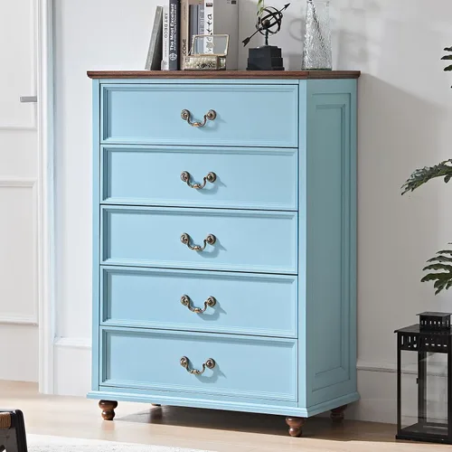Vista 38 de Joaxswe Cómoda de 5 cajones estilo granja para dormitorio, cofres de cajones rústicos de 45" de alto con 4 patas de madera maciza, cómodas de Azul