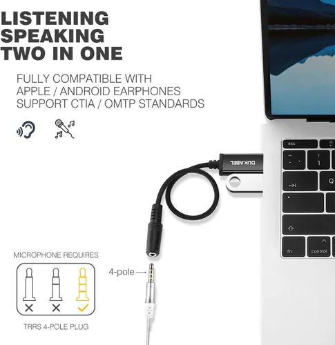 Vista 4 de DUKABEL Adaptador de audio USB, adaptador USB a 3.5mm Aux para auriculares, TRRS para micrófonos, convertidor de tarjeta de sonido externa USB