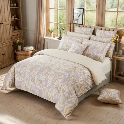 Vista 24 de FADFAY Juego de funda de edredón de cachemira, tamaño individual, color azul y beige, reversible, estampado floral, 100% algodón, ultra suave