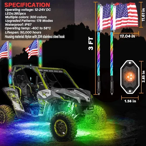 Vista 5 de OHMU Kit de 2 luces LED de látigo de 3 pies y luces de roca de 3ª