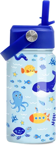 Vista 10 de Botella de agua de sirena para niñas, botella de agua para niños con tapa con popote, botellas de agua aisladas de acero inoxidable de 12 onzas