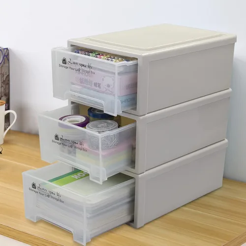 Vista 4 de Paquete de 3 cajones de almacenamiento de plástico, unidad apilable con cajón deslizante, F