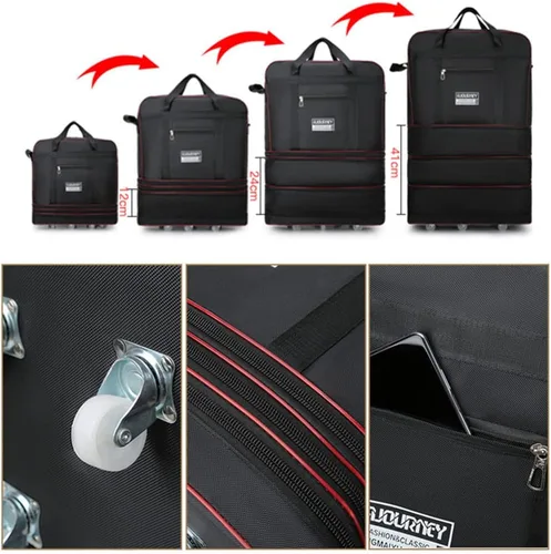 Vista 3 de Bolsa de viaje Oxford expandible extra grande con ruedas, impermeable, ligera, plegable, maleta, Verde, Equipaje extensible central rígido