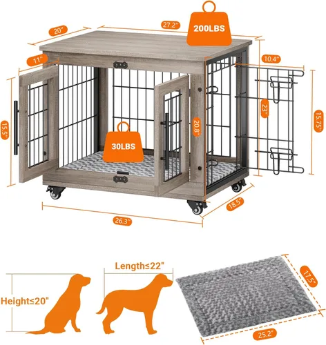 Vista 2 de YaFiti Mueble de jaula para perros con cojín, perrera de madera para interiores con puertas dobles, jaula para perros con ruedas, mesa auxiliar