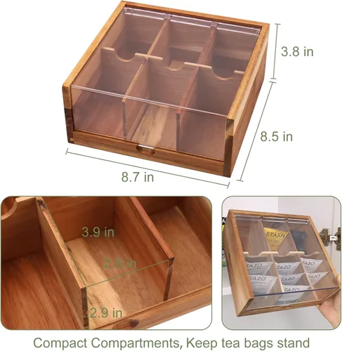 Vista 9 de HTB Organizador pequeño de madera de acacia con 3 compartimentos y 6 compartimentos para bolsitas de té