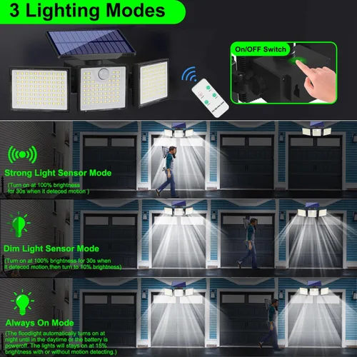 Vista 6 de Luces solares para exteriores, 235 LED, 2500 lúmenes, sensor de movimiento, luces para exteriores, IP65, impermeables, luces de seguridad solares