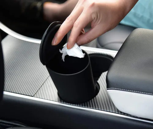 Vista 3 de ThinSGO Bote de basura de silicona con tapa – Portavasos para automóvil, hogar, oficina (negro)