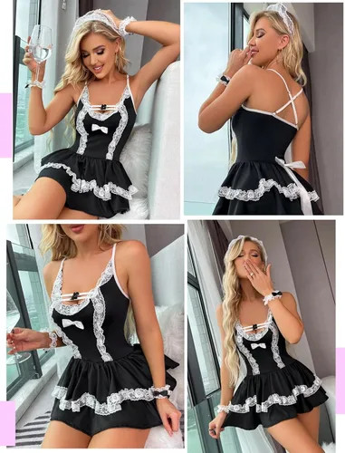 Vista 3 de Avidlove Disfraz de sirvienta para cosplay, conjunto de lencería de malla, babydoll de encaje, juego de rol, 4 piezas, ropa de noche con correa