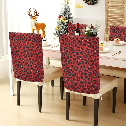 Vista 4 de Fake Glitter Leopard Print Red Decorative Seat Covers for Chairs for Home, Restaurant, Banquet Washable Decorative Chair Covers cubiertas