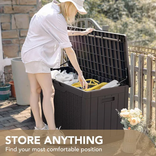 Vista 7 de Devoko Caja de Cubierta de Resina Impermeable Grande de 100 Galones para Interiores y Exteriores, Contenedor de Almacenamiento con Cerradura