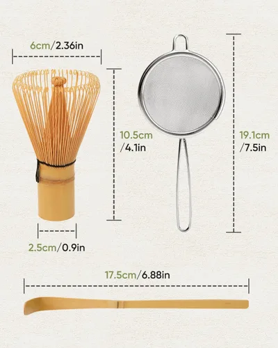 Vista 7 de Joiish Juego de batidor de matcha, batidor de bambú (Chasen), cuchara (Chashaku) y tamiz de acero inoxidable, kit de herramientas de repuesto de 3