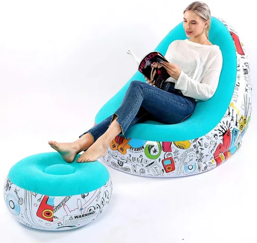 Vista 5 de Sofá perezoso, sofá inflable, silla de descanso inflable familiar, sofá flocado con patrón de graffiti, con cojín inflable para pies, adecuado